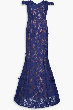 Marchesa Notte Off-the-shoulder guipure lace gown - Blue