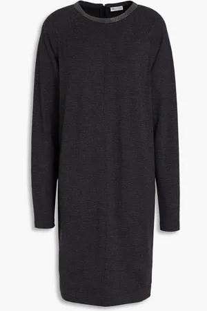 Brunello Cucinelli Bead-embellished wool-blend jersey mini dress - Gray