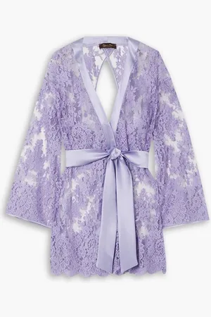 Coco De Mer Camellia satin-trimmed Leavers lace robe - Purple