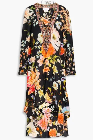 Camilla Asymmetric crystal-embellished floral-print silk crepe de chine midi dress