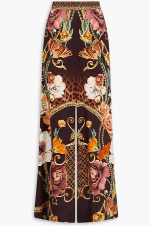 Camilla Crystal-embellished printed silk-satin wide-leg pants - Brown