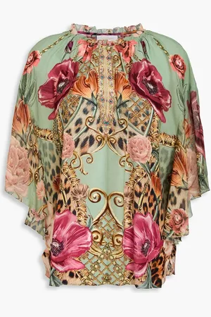 Camilla Crystal-embellished printed silk crepe de chine top - Green