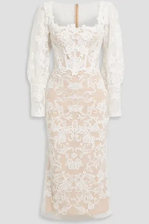 Marchesa Notte Floral-appliquéd corded lace midi dress