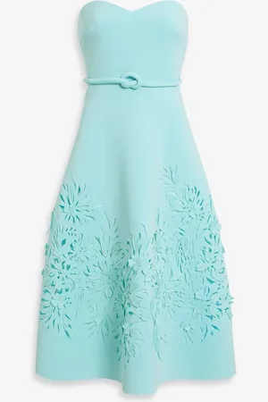 Badgley Mischka Strapless laser-cut scuba midi dress - Blue