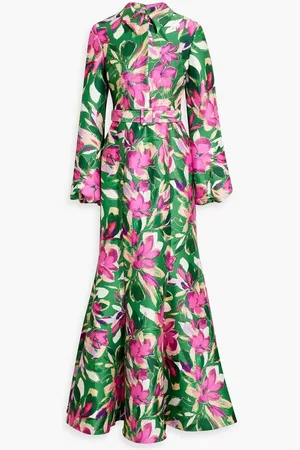 Badgley Mischka Belted floral-print satin-twill gown