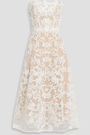 Marchesa Notte Strapless floral-appliquéd corded lace midi dress - White