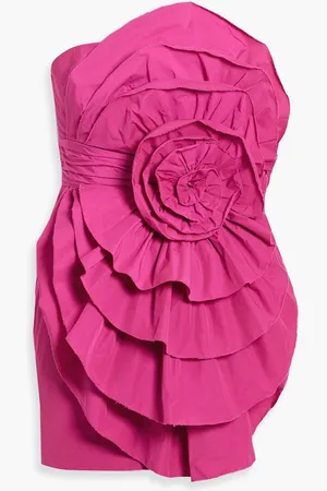 Marchesa Notte Strapless floral-appliquéd ruffled taffeta mini dress - Pink