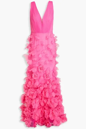 Marchesa Notte Appliquéd pintucked organza gown