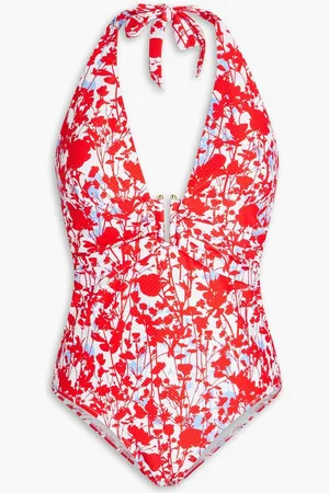 Heidi Klein Printed stretch-piqué halterneck swimsuit - Red