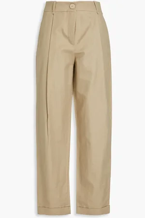 Emporio Armani Pleated cotton and linen-blend twill wide-leg pants - Neutral