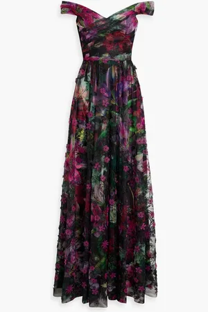 Marchesa Notte Off-the-shoulder pintucked floral-print tulle gown - Pink