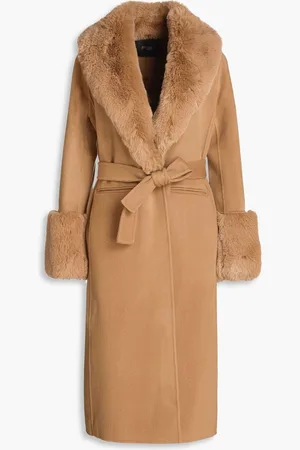Maje Faux fur-trimmed wool-blend felt coat - Brown