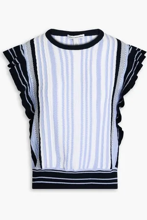 AUTUMN CASHMERE Ruffled striped pointelle-knit cotton top - Blue