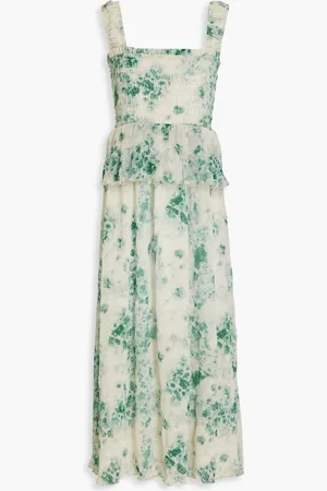 Ganni Shirred printed plissé-chiffon midi dress - Green