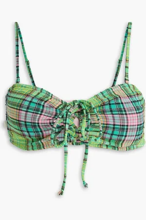 Ganni Lace-up checked stretch-seersucker bikini top