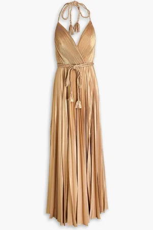 ALICE+OLIVIA Alice Olivia - Tresa pleated metallic crepe de chine halterneck maxi dress - Metallic