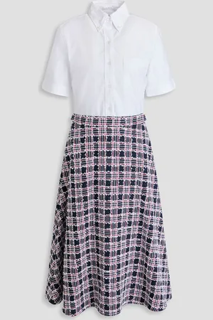 Thom Browne Oxford-paneled cotton-blend tweed midi shirt dress
