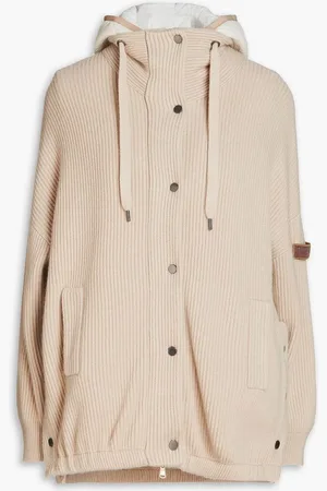 Brunello Cucinelli Layered bead-embellished shell and ribbed-knit hooded jacket - Neutral