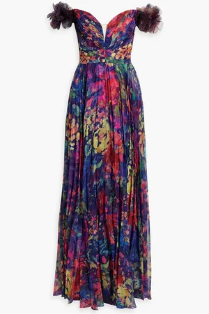 Marchesa Notte Off-the-shoulder pleated printed chiffon gown