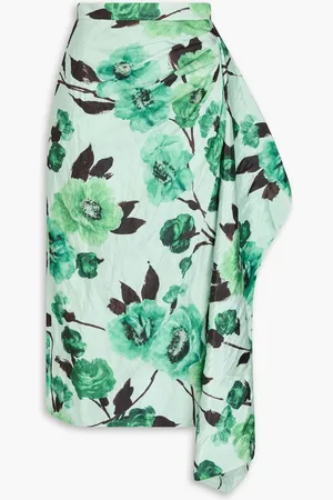 Erdem Draped floral-print crinkled-taffeta midi skirt - Green