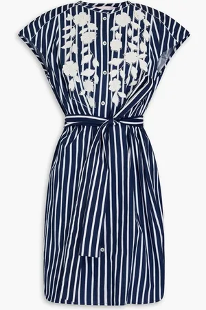 Carolina Herrera Floral-appliquéd striped cotton-poplin mini shirt dress - Blue