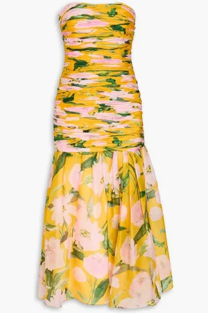 Carolina Herrera Strapless ruched floral-print silk-chiffon midi dress