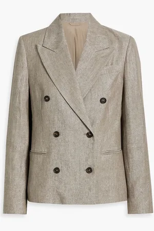 Brunello Cucinelli Double-breasted metallic linen-blend twill blazer - Neutral