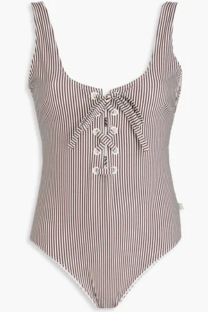 Ganni Lace-up striped seersucker swimsuit - Brown