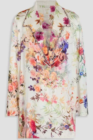 Camilla Crystal-embellished floral-print silk-satin blazer - White