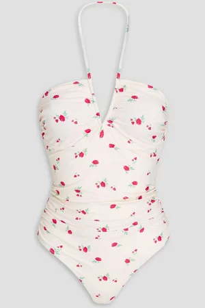 Ganni Ruched floral-print halterneck swimsuit - White