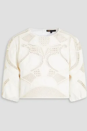 Maje Cropped macramé-paneled cotton-gabardine top - White