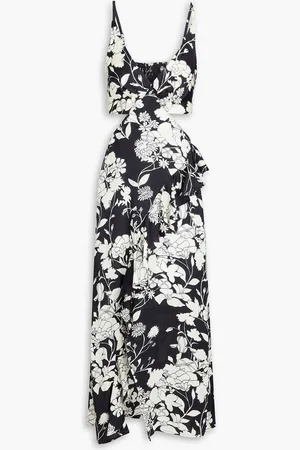 Maje Ruffled cutout floral-print satin midi dress