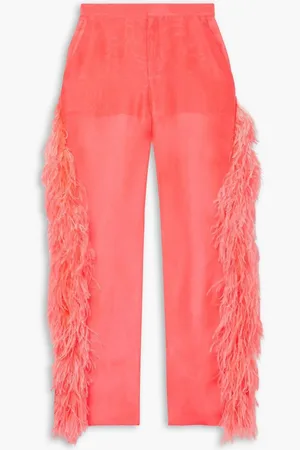 LAPOINTE Feather-embellished silk-organza tapered pants - Orange