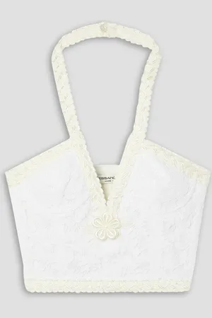Alessandra Rich Cropped embroidered cotton-blend lace halterneck bustier top - White