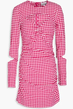 Ganni Cutout ruched gingham seersucker mini dress - Pink