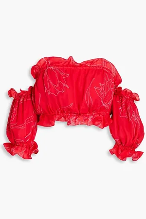 Carolina Herrera Off-the-shoulder cropped floral-print silk top