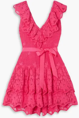 MIGUELINA Coco belted ruffled crocheted cotton mini dress - Pink