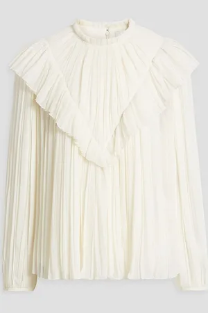 Chloé Pleated ruffled wool-gauze blouse - White