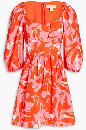 Ml Monique Lhuillier Gathered floral-print taffeta mini dress - Orange