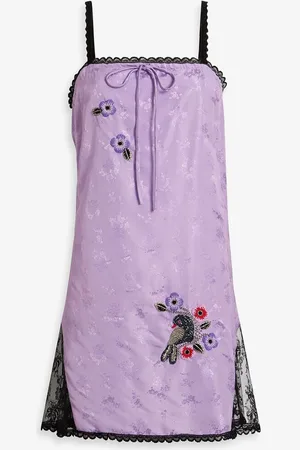 Anna Sui Lace-trimmed embellished satin-jacquard mini slip dress - Purple