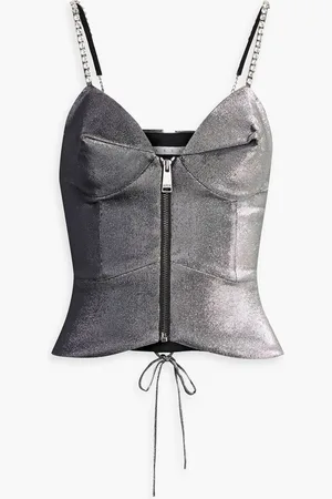 AREA Lace-up crystal-embellished metallic twill top - Metallic