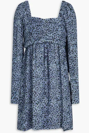 Ganni Ruched floral-print mousseline mini dress - Blue