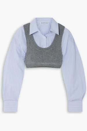 Alexander Wang Cropped layered wool-blend and striped poplin top - Blue