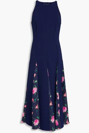 Carolina Herrera Floral-printed georgette-paneled pleated crepe midi skirt - Blue