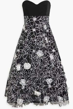Marchesa Notte Strapless faille-paneled embroidered organza midi dress