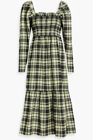 Ganni Shirred checked cotton-blend seersucker midi dress