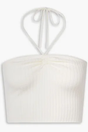 SKIN Paulette cropped ribbed-knit halterneck top - White
