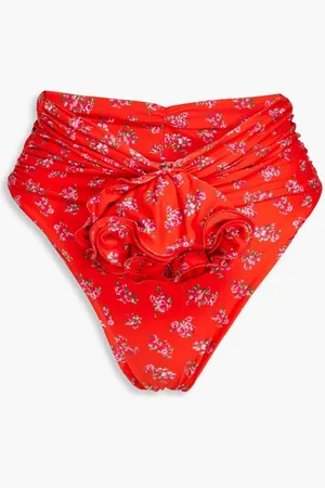 MAGDA BUTRYM Ruffled ruched floral-print high-rise bikini briefs - Red