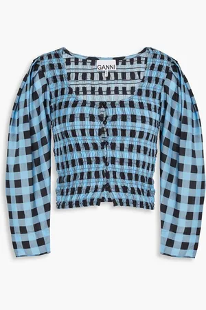 Ganni Shirred gingham cotton and silk-blend top - Blue