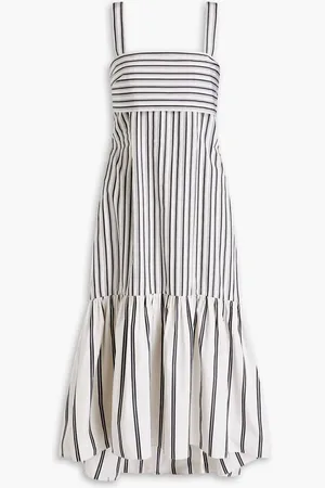 THEORY Striped gathered cotton-poplin midi dress - White